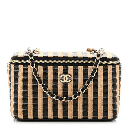 Chanel Raffia Jute Striped Small Vanity Case With Chain Black Beige 1 of 11