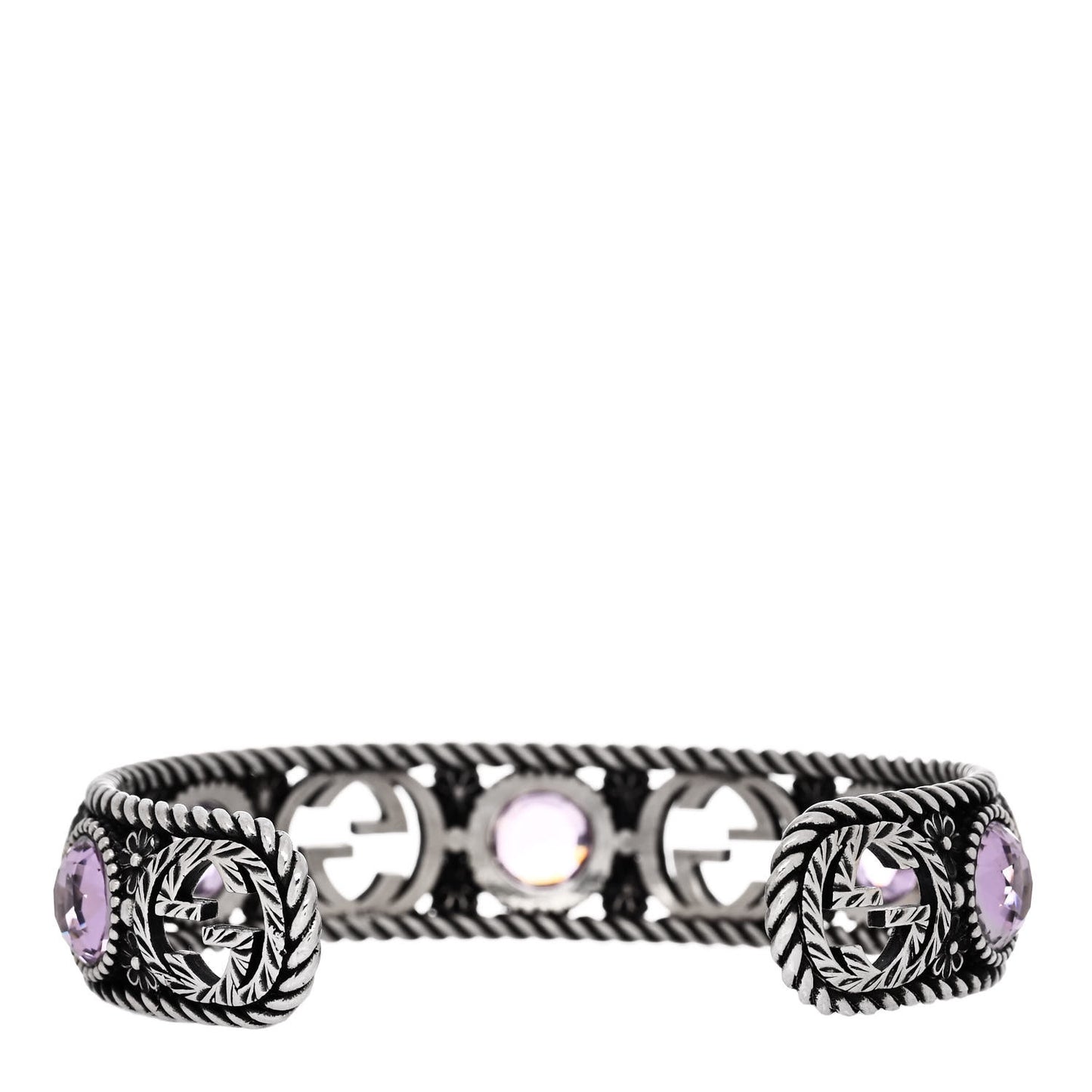 Sterling Silver Crystal Garden Interlocking G Cuff Bracelet Purple