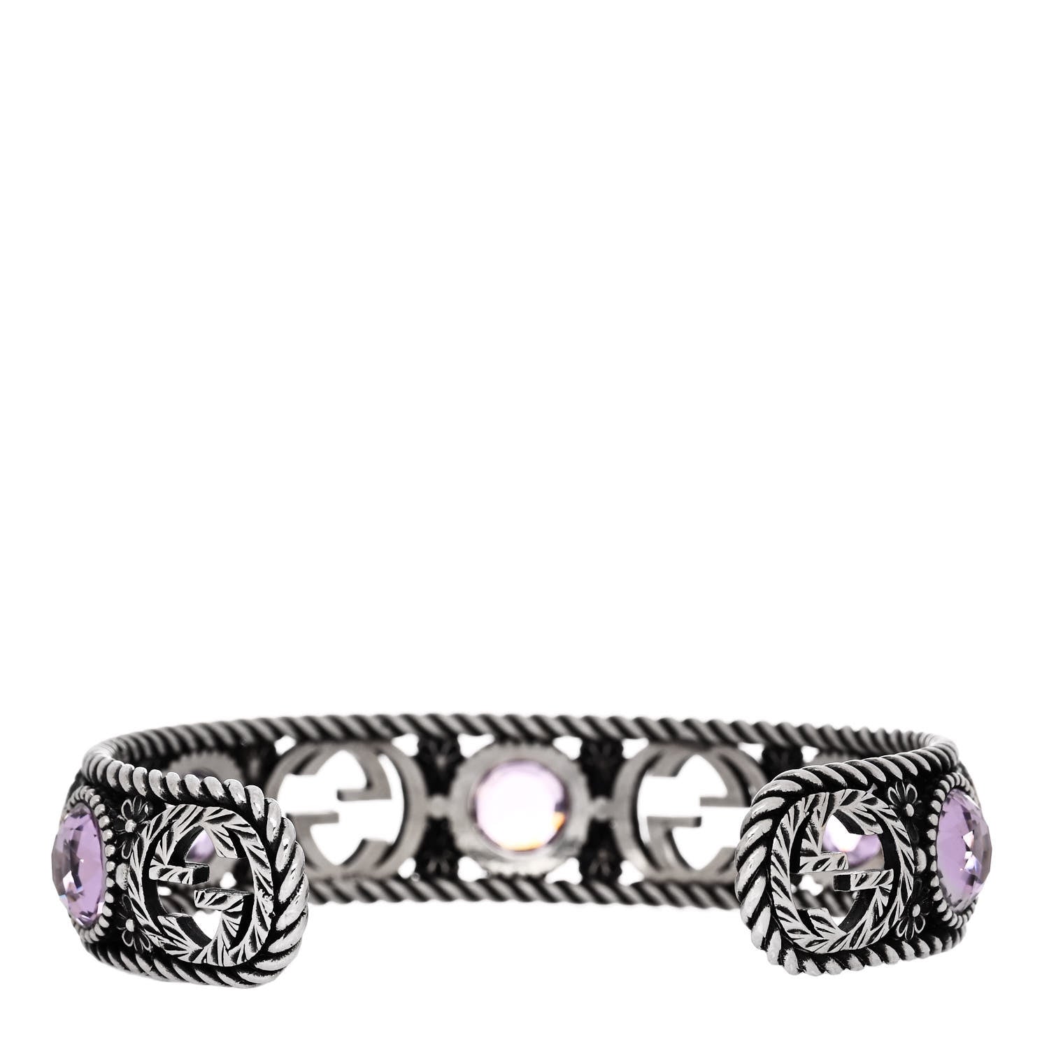 Gucci Sterling Silver Crystal Garden Interlocking G Cuff Bracelet Purple 2 of 5