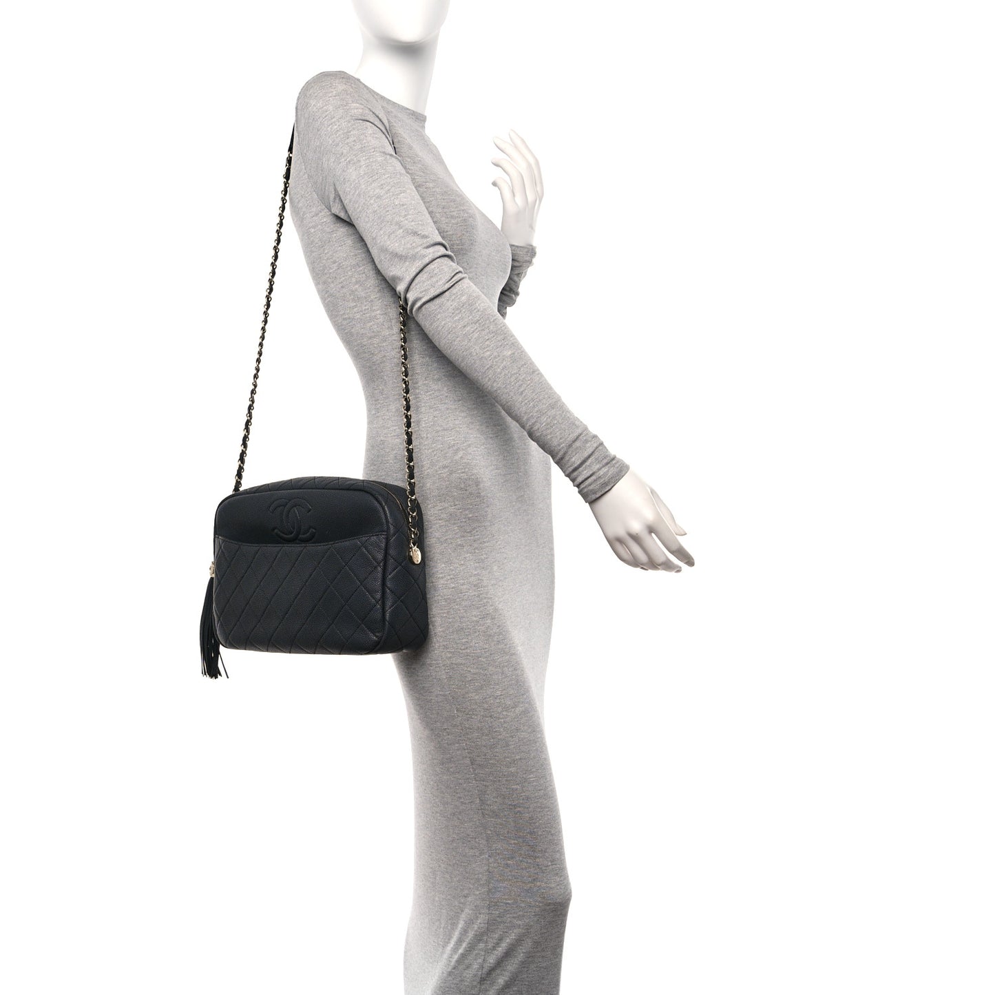 Caviar Quilted Large Coco Tassel Camera Case Dark Gray