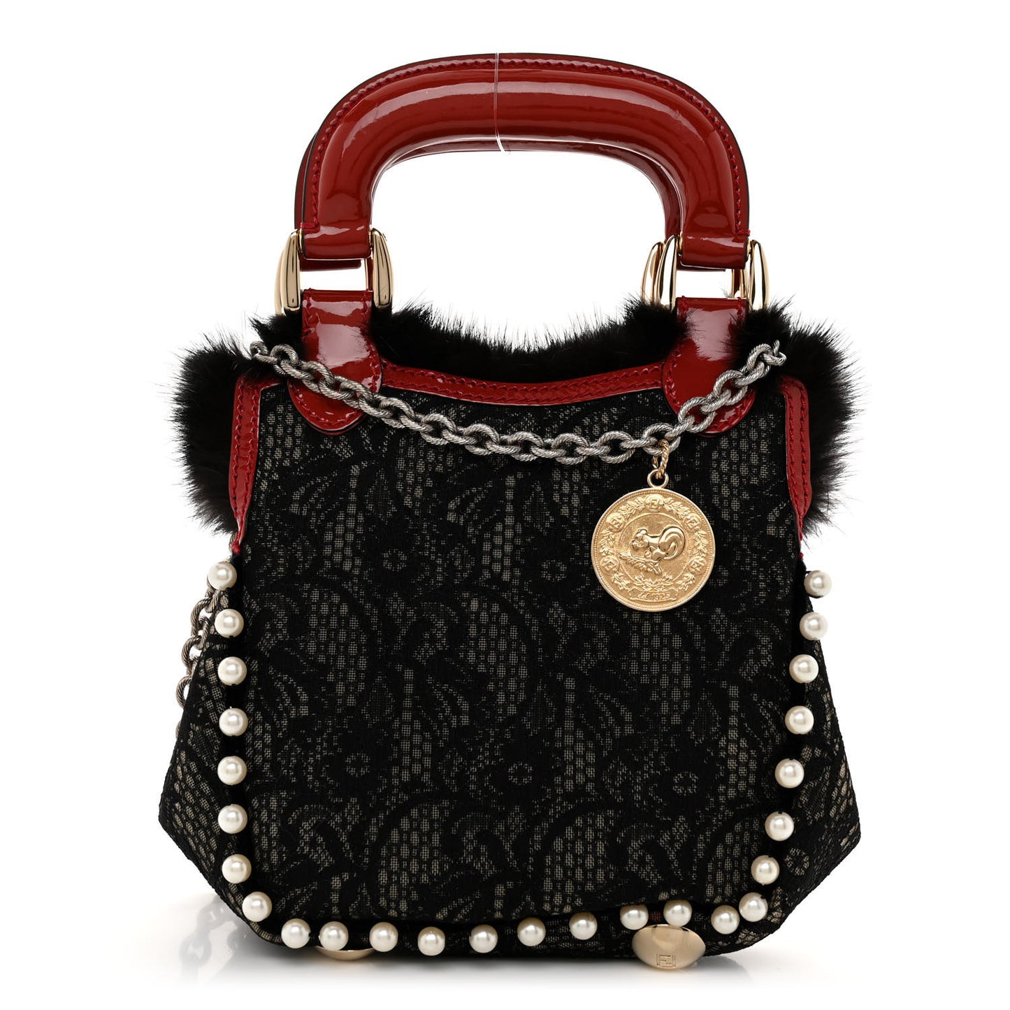 Lace Pearl Mink Fur Neve Evening Bag Black