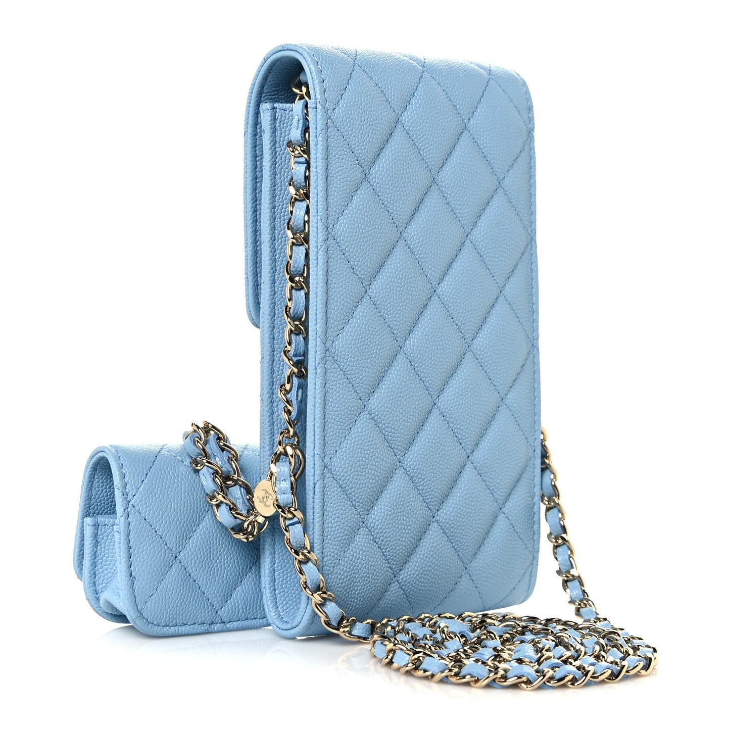 Caviar Quilted Crystal CC Airpods Pro and Phone Case With Chain Light Blue