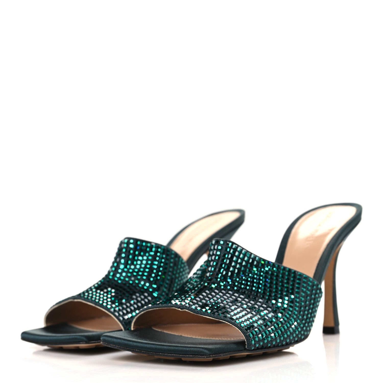 Bottega Veneta Satin Crystal Embellished Stretch Mule Sandals 39 Green 3 of 7