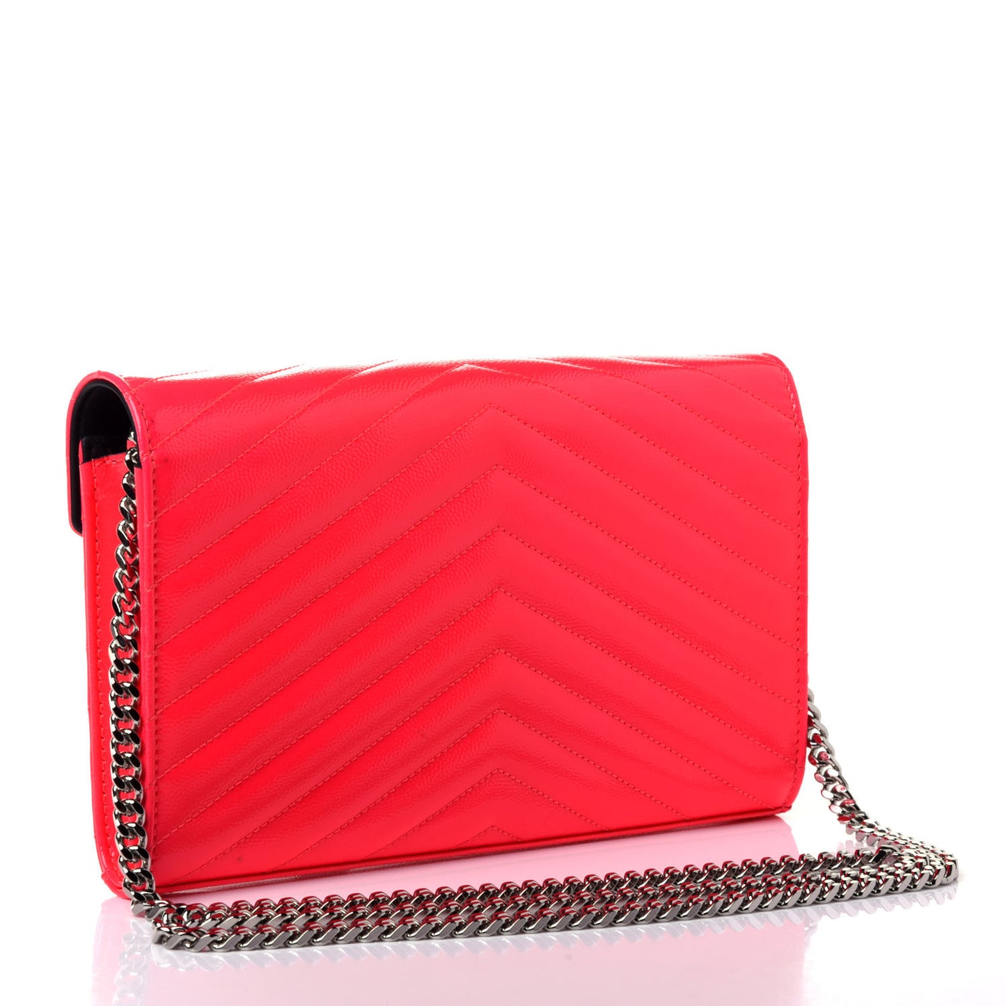 Patent Grain De Poudre Matelasse Chevron Monogram Chain Wallet Neon Pink