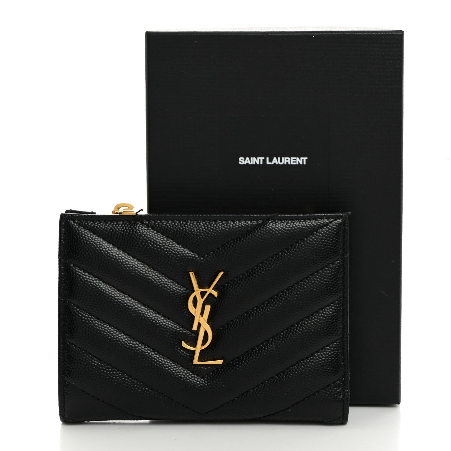 Saint Laurent Grain De Poudre Matelasse Chevron Monogram Zipped Two-Part Wallet Black 8 of 8
