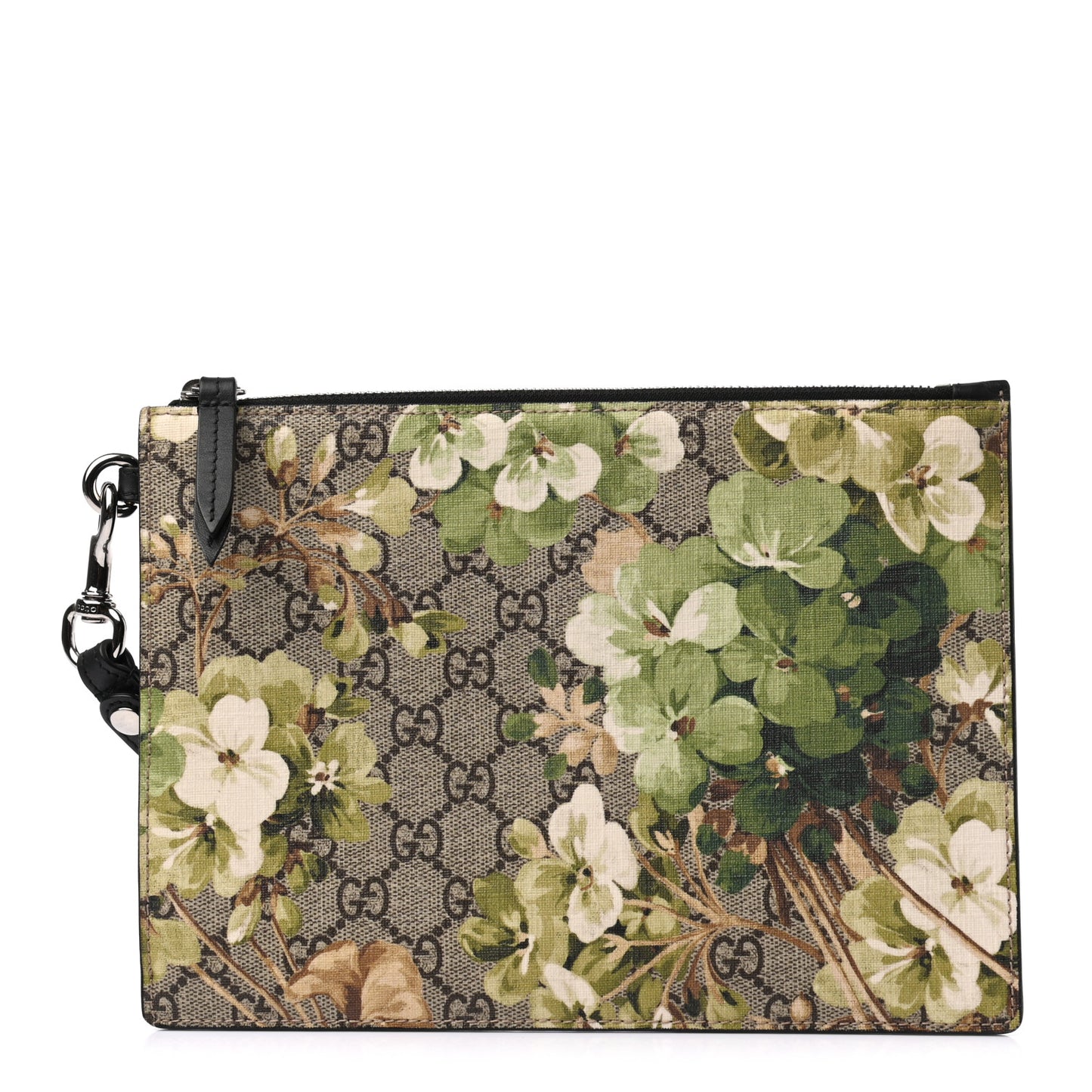 GG Supreme Monogram Blooms Small Zip Wristlet Pouch Beige New Military Black