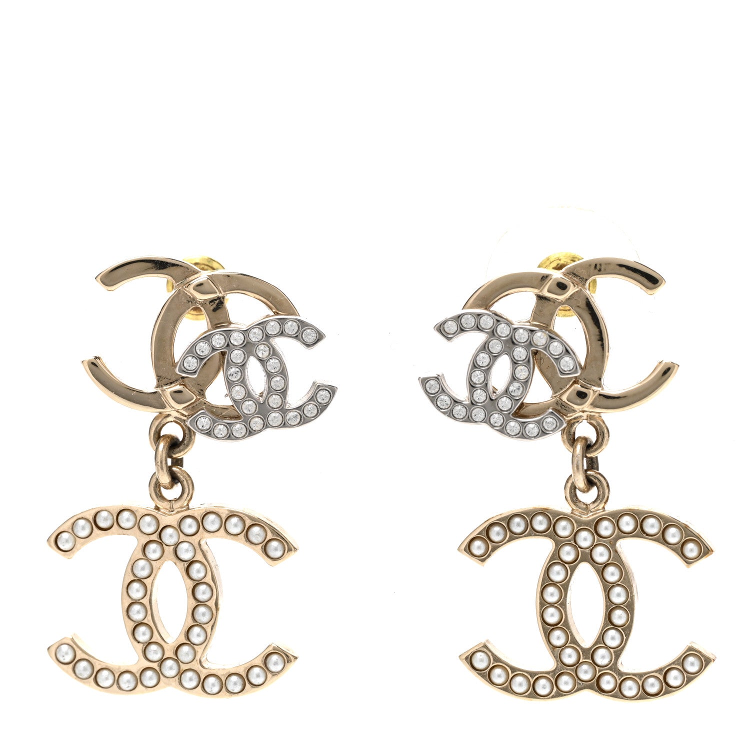 Chanel Crystal Pearl Double CC Drop Earrings Gold Silver 1 of 5