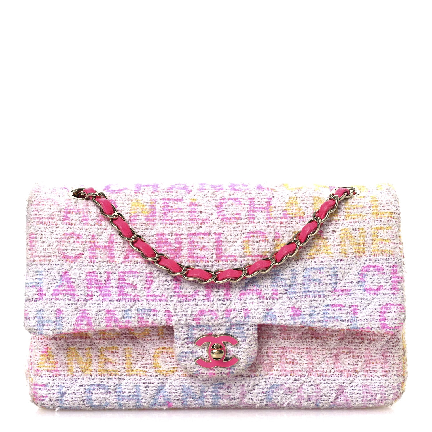 Chanel Tweed Quilted Enamel CC Logo Medium Double Flap Pink Multicolor 1 of 18