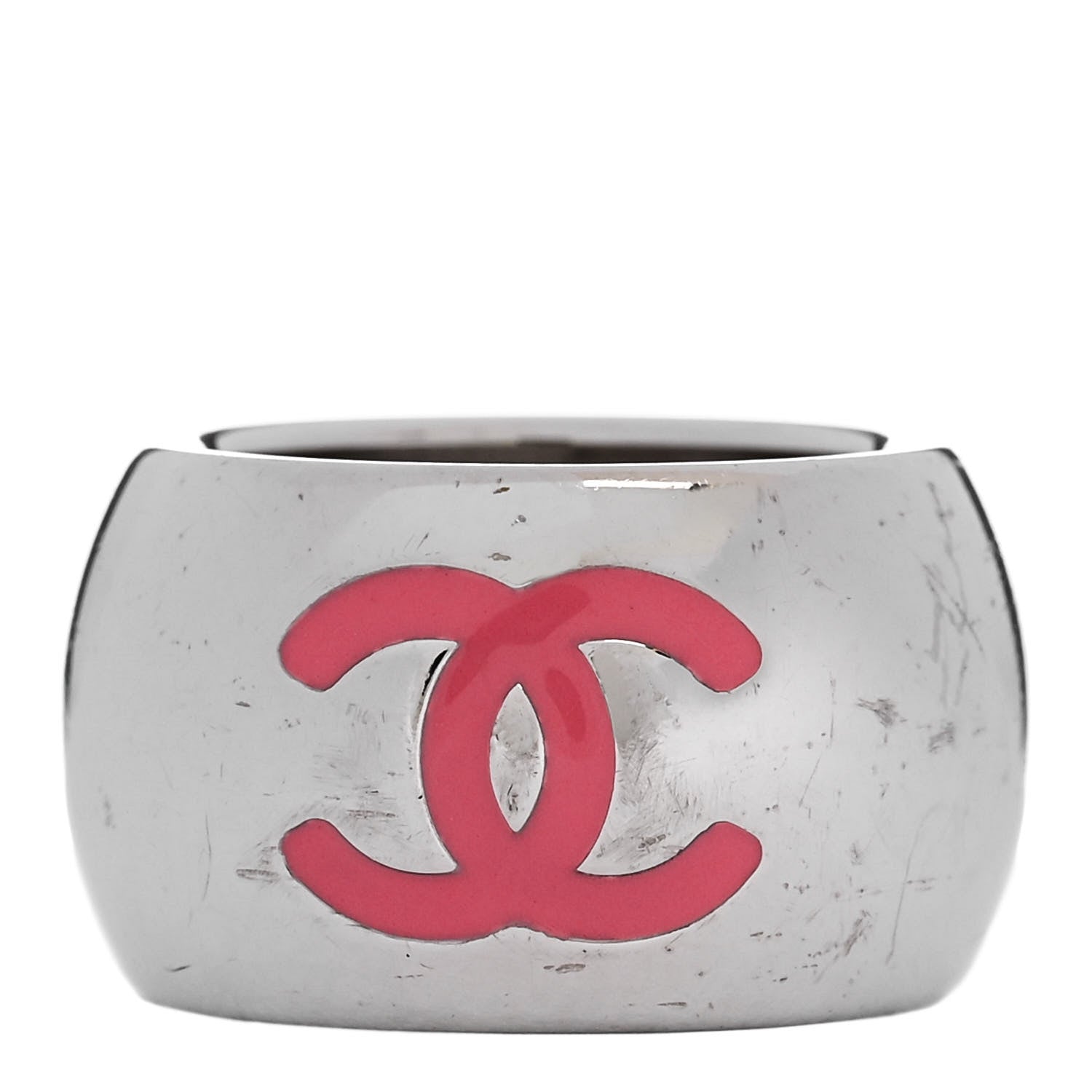 Chanel Metal Enamel Valentine CC Ring 54 7 Silver Pink 3 of 6