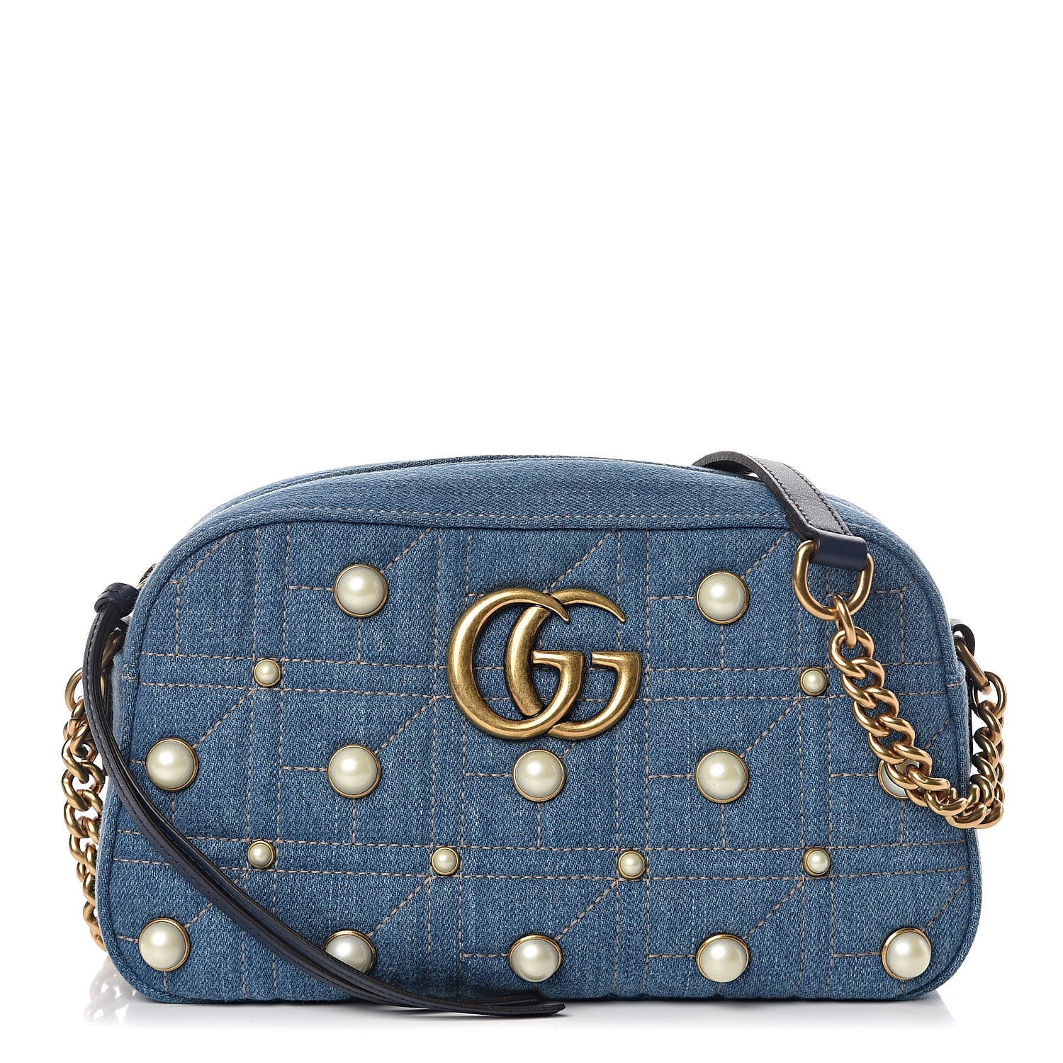 Gucci Denim Matelasse Pearl Studded Small GG Marmont Chain Shoulder Bag Blue 1 of 12