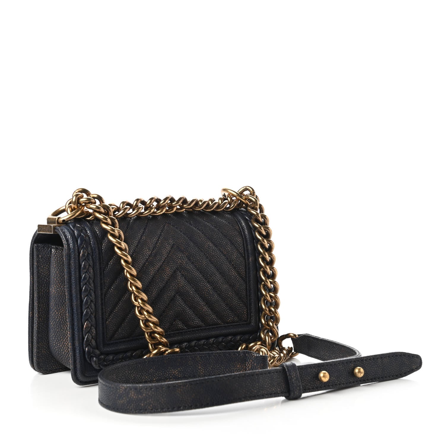 Chanel Patinated Caviar Chevron Braided Small Boy Flap Navy Blue 3 of 10
