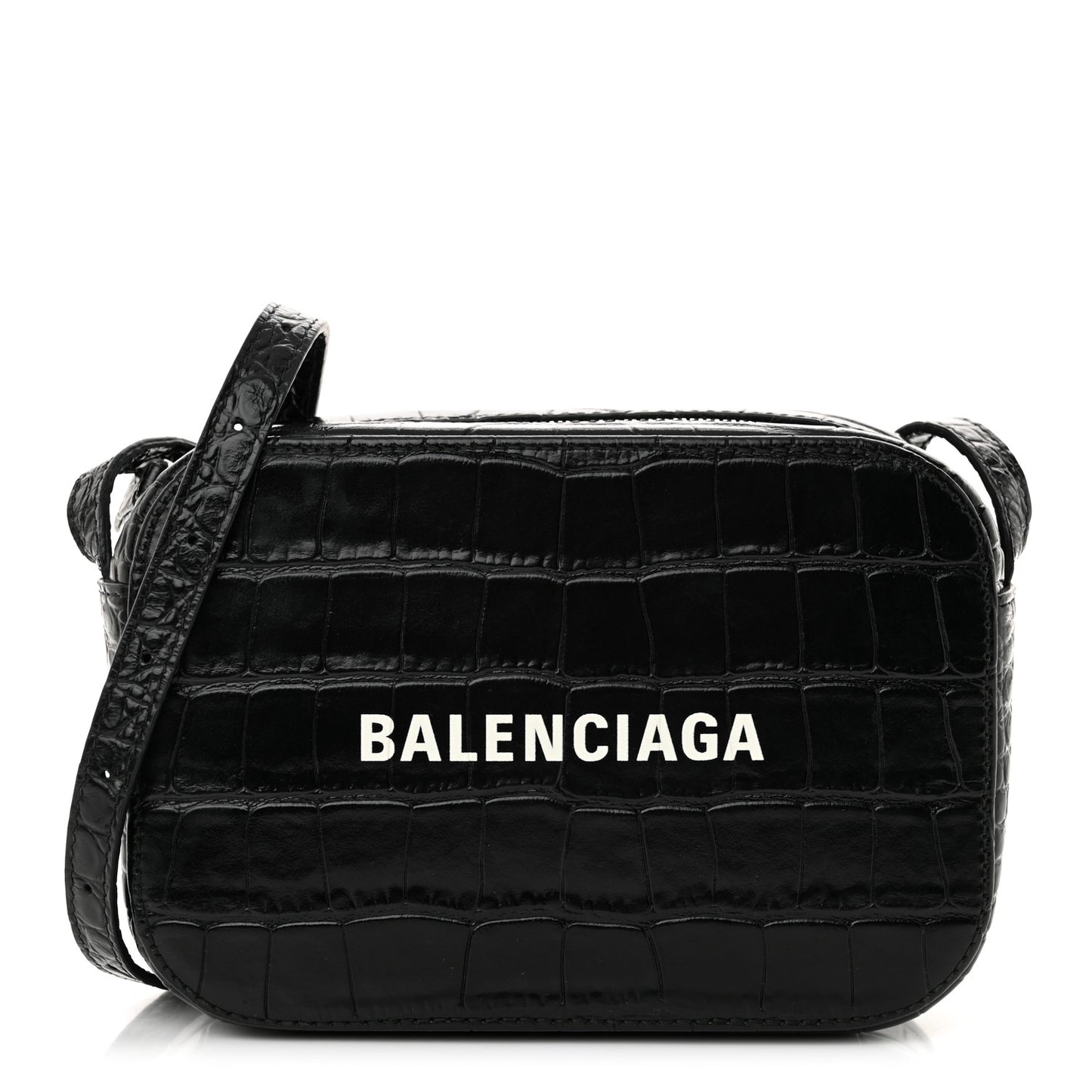 Shiny Calfskin Logo Crocodile Embossed XS Everyday Camera Bag Black