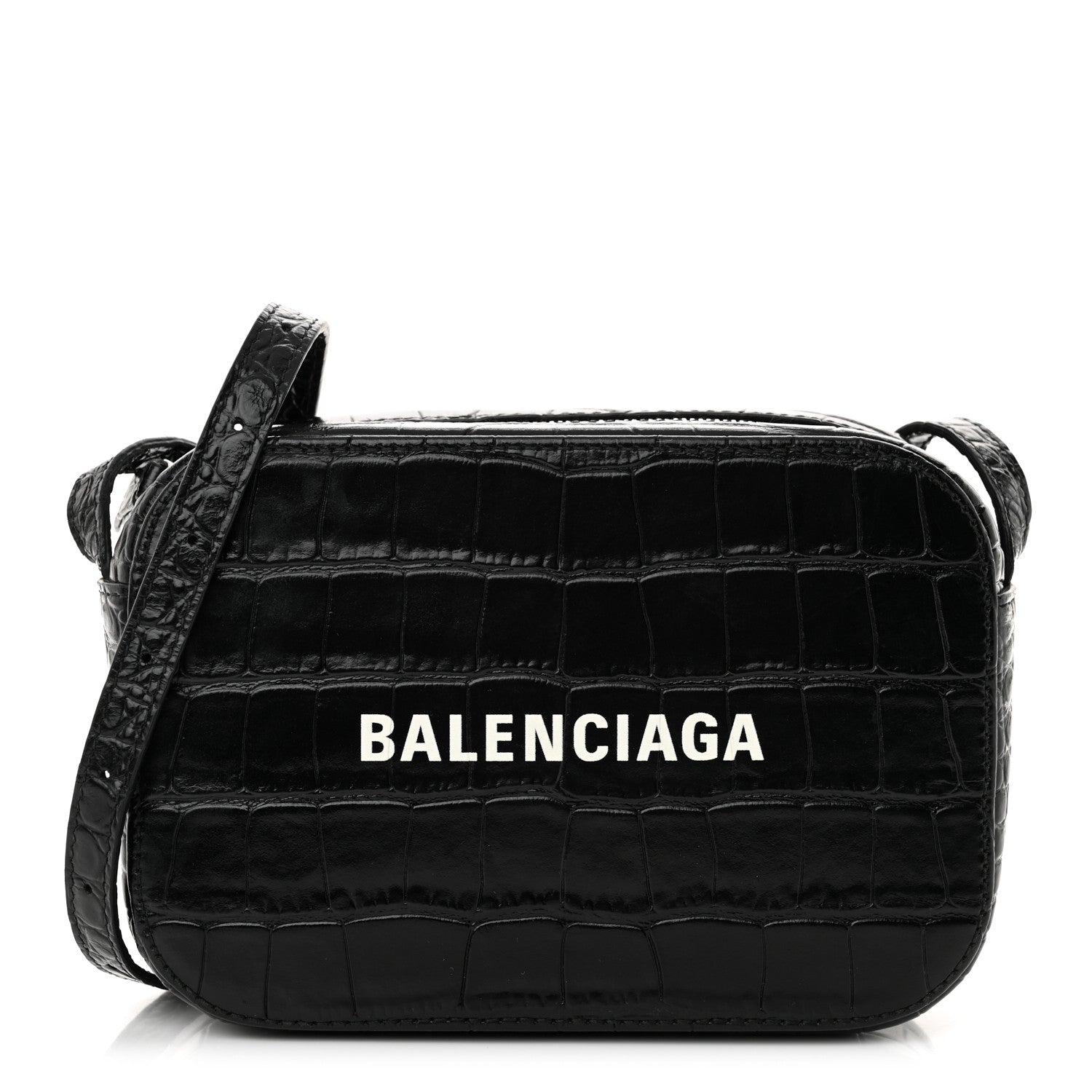 Balenciaga Shiny Calfskin Logo Crocodile Embossed XS Everyday Camera Bag Black 1 of 12