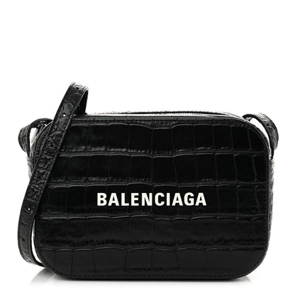 Balenciaga Shiny Calfskin Logo Crocodile Embossed XS Everyday Camera Bag Black 1 of 12