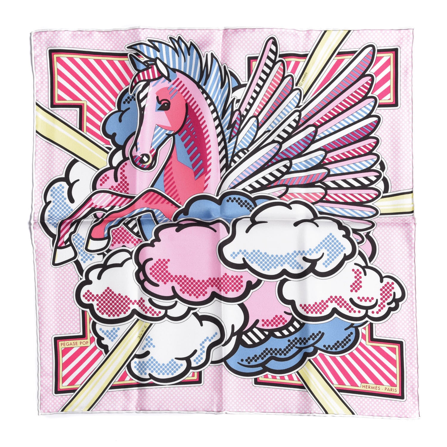 Hermes Silk Pegase Pop Pocket Square Rose Bleu Jean Jaune 1 of 6