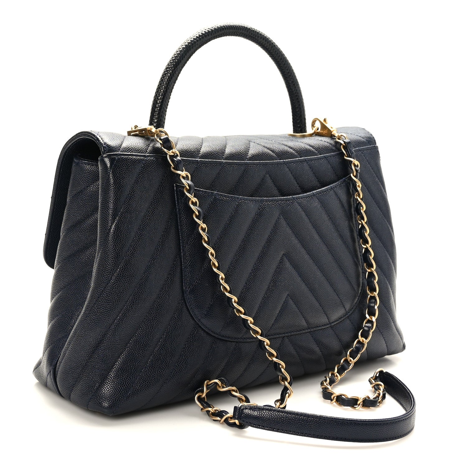 Chanel Caviar Chevron Quilted Medium Coco Handle Flap Navy Blue 3 of 9