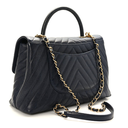 Chanel Caviar Chevron Quilted Medium Coco Handle Flap Navy Blue 3 of 9
