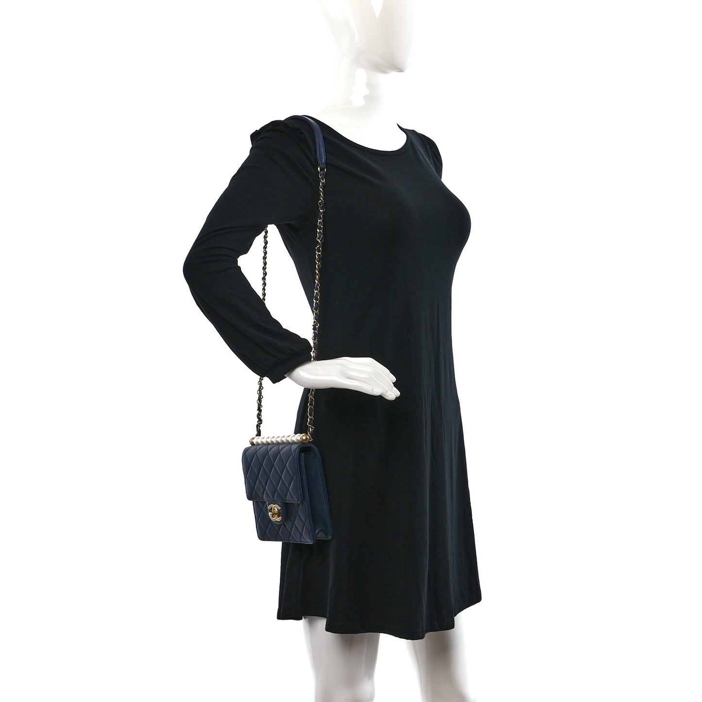 Iridescent Lambskin Quilted Chic Pearls Flap Navy Blue