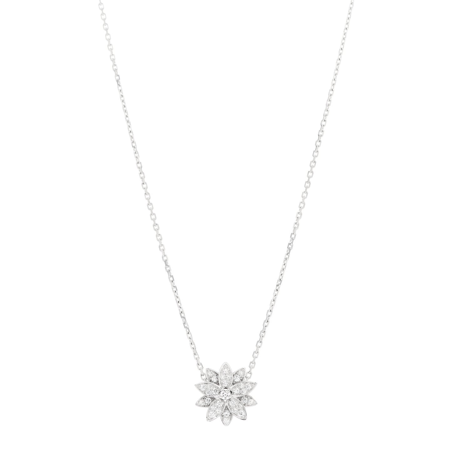 18K White Gold Diamond Small Lotus Pendant Necklace
