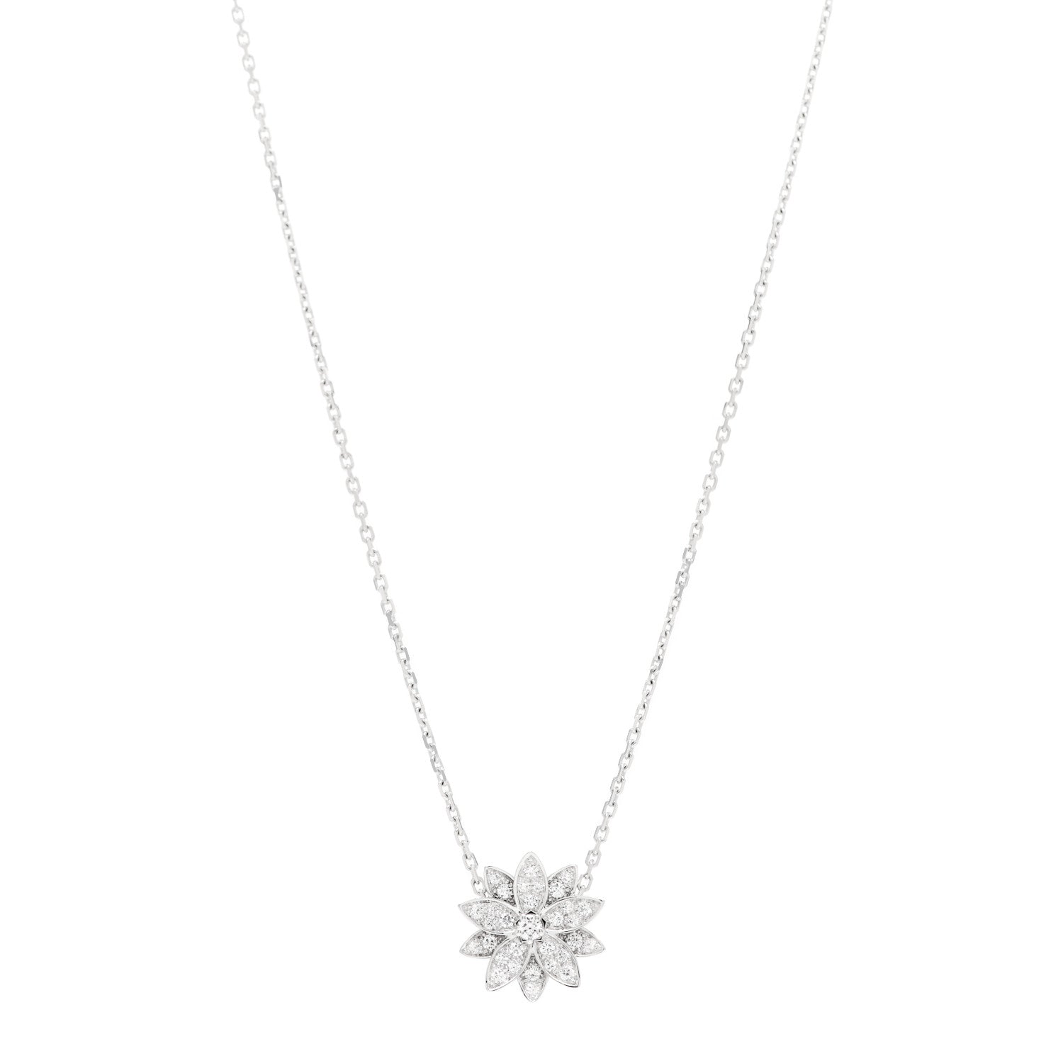 Van Cleef & Arpels 18K White Gold Diamond Small Lotus Pendant Necklace 1 of 7