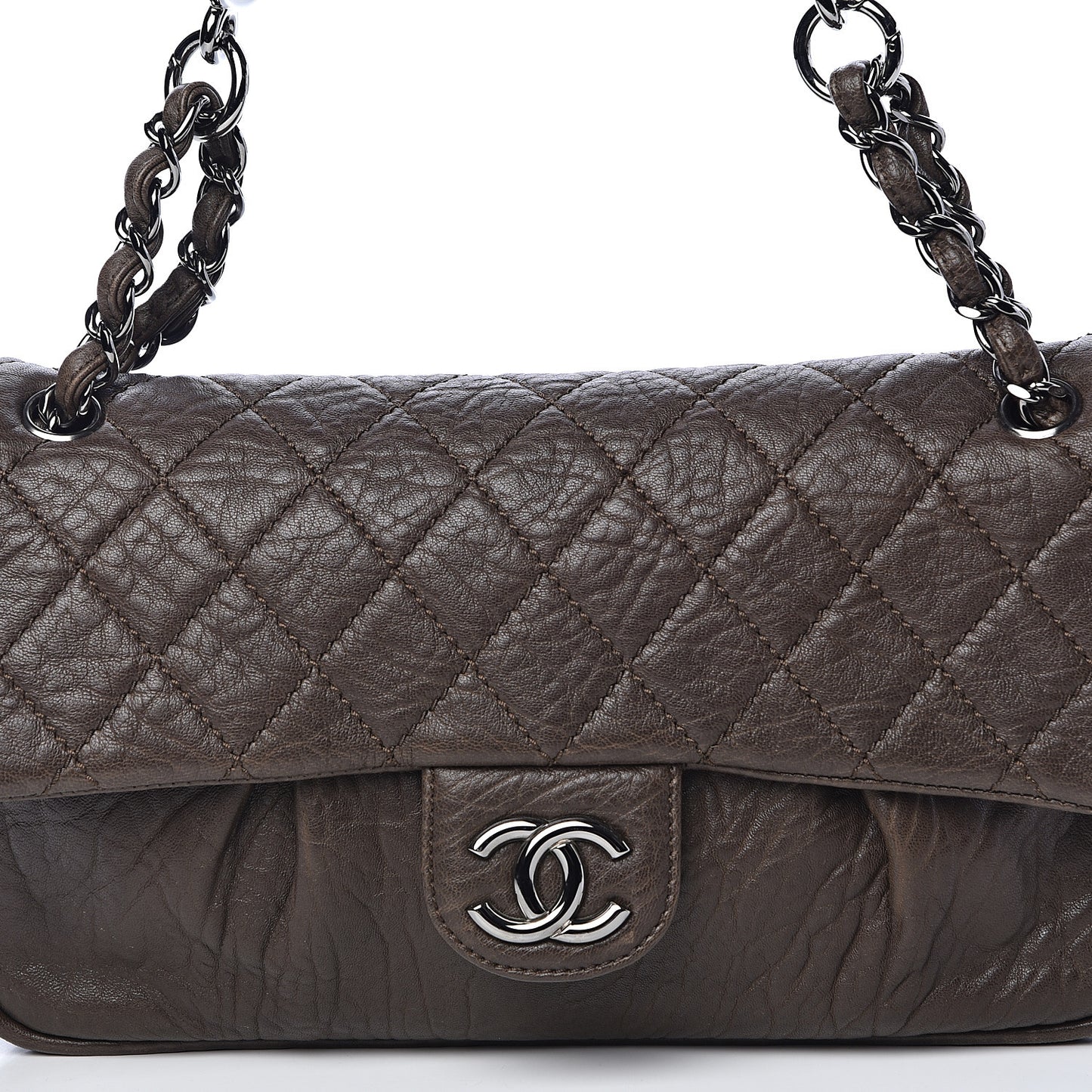 Distressed Lambskin Lady Braid Flap Brown