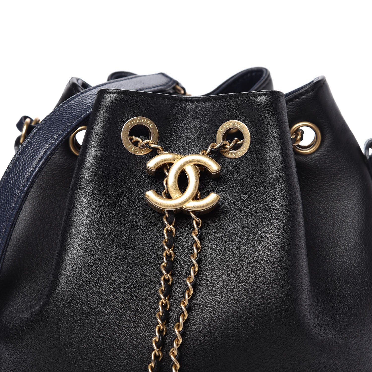 Chanel Lambskin Caviar Lovely Chains Drawstring Bag Black Dark Blue 10 of 12