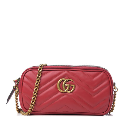 Gucci Calfskin Matelasse Mini GG Marmont Chain Crossbody Bag Hibiscus Red 1 of 8