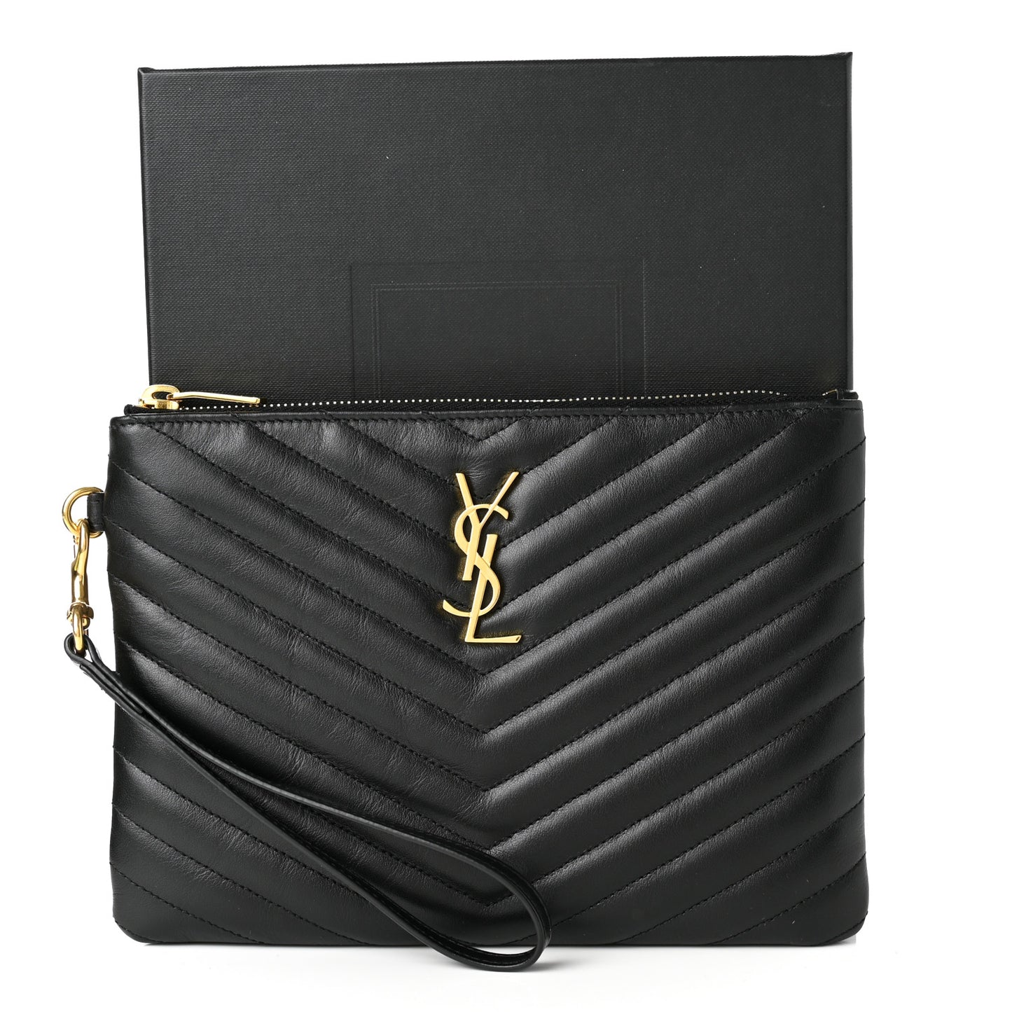 Calfskin Matelasse Chevron Monogram A5 Wristlet Black