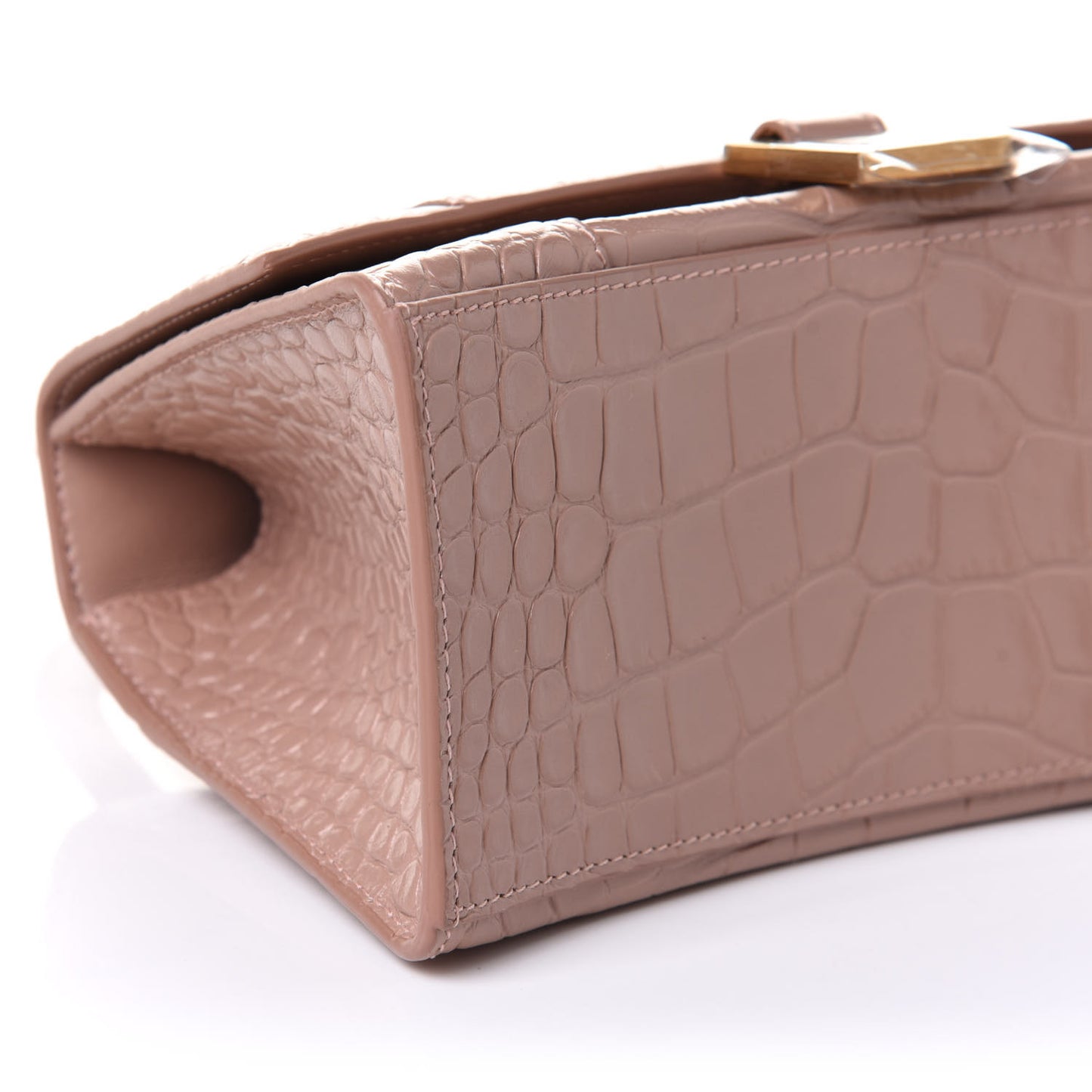 Shiny Calfskin Crocodile Embossed Small Hourglass Top Handle Bag Nude Beige