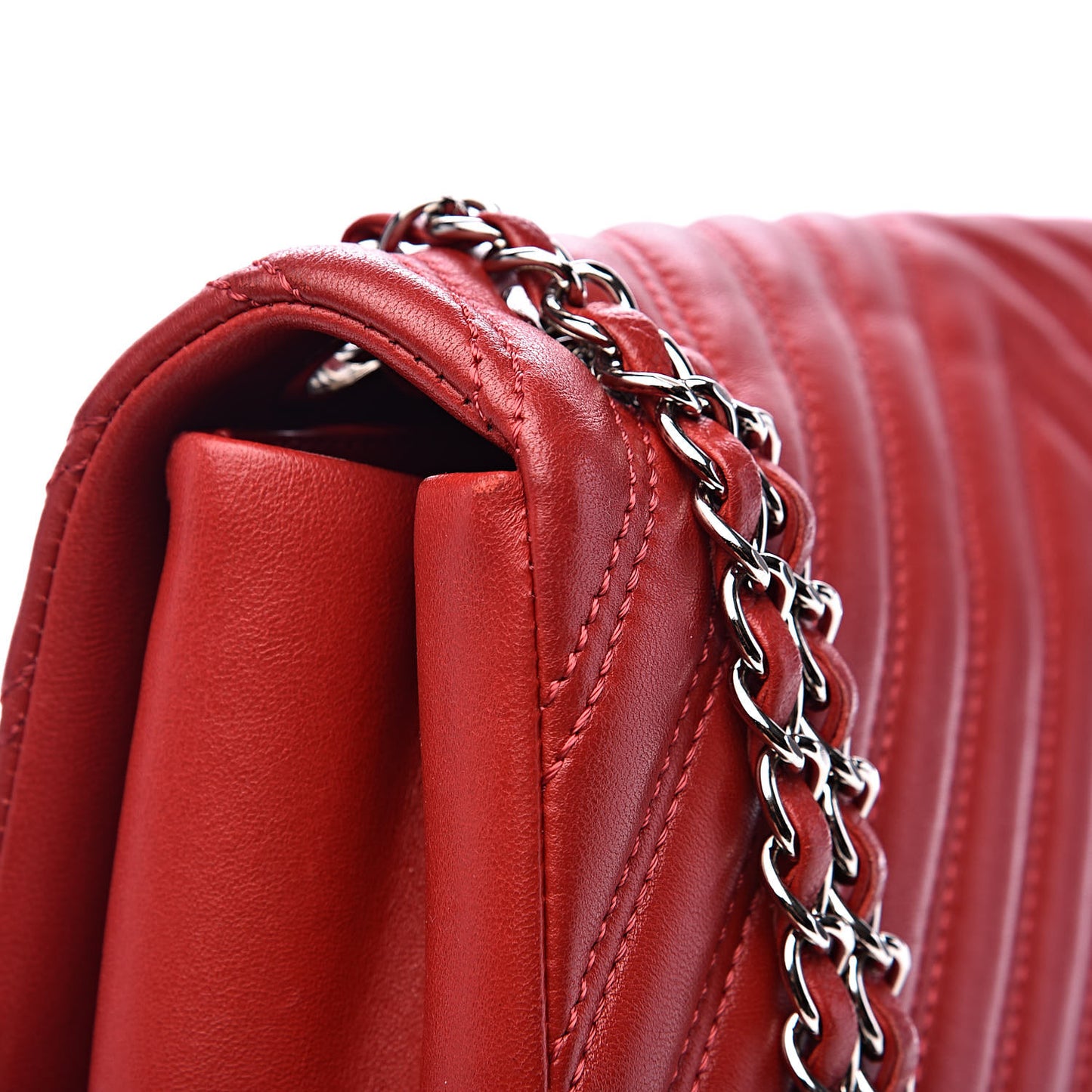Lambskin Chevron Double Stitch Jumbo Single Flap Red