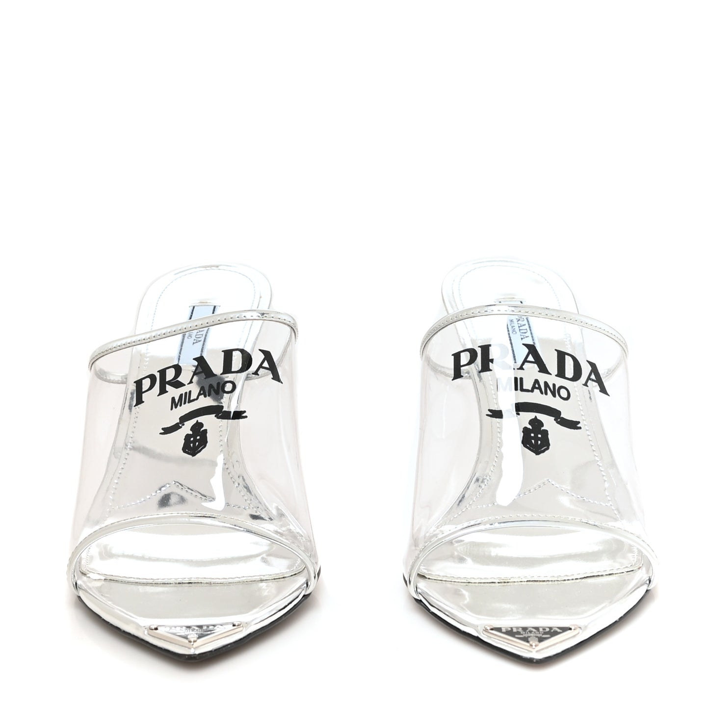 Plexiglass Metallic Calfskin Metal Triangle Logo 75mm Slide Sandals 40 Argento
