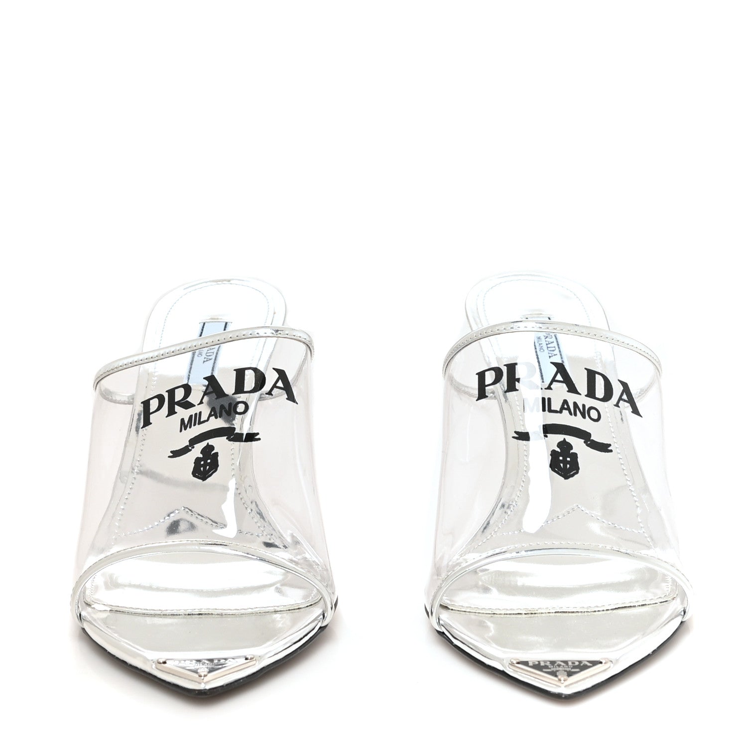 Prada Plexiglass Metallic Calfskin Metal Triangle Logo 75mm Slide Sandals 40 Argento 2 of 7