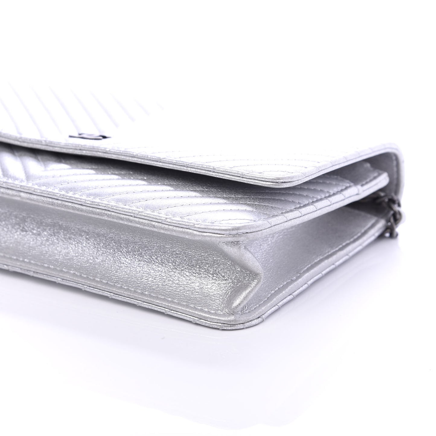 Metallic Lambskin Chevron Wallet On Chain WOC Silver