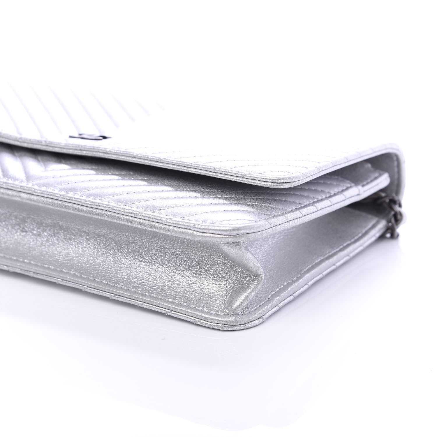 Chanel Metallic Lambskin Chevron Wallet On Chain WOC Silver 7 of 11