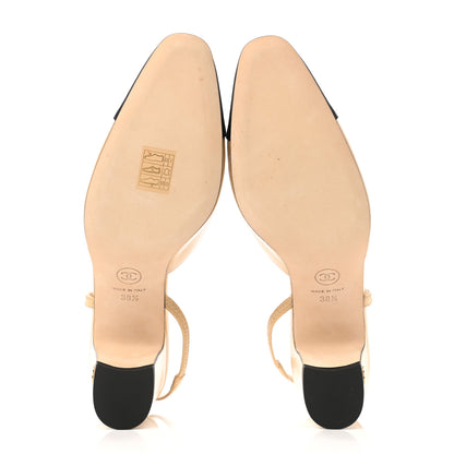 Chanel Goatskin Grosgrain Cap Toe CC Slingback Pumps 38.5 Beige Black 5 of 9