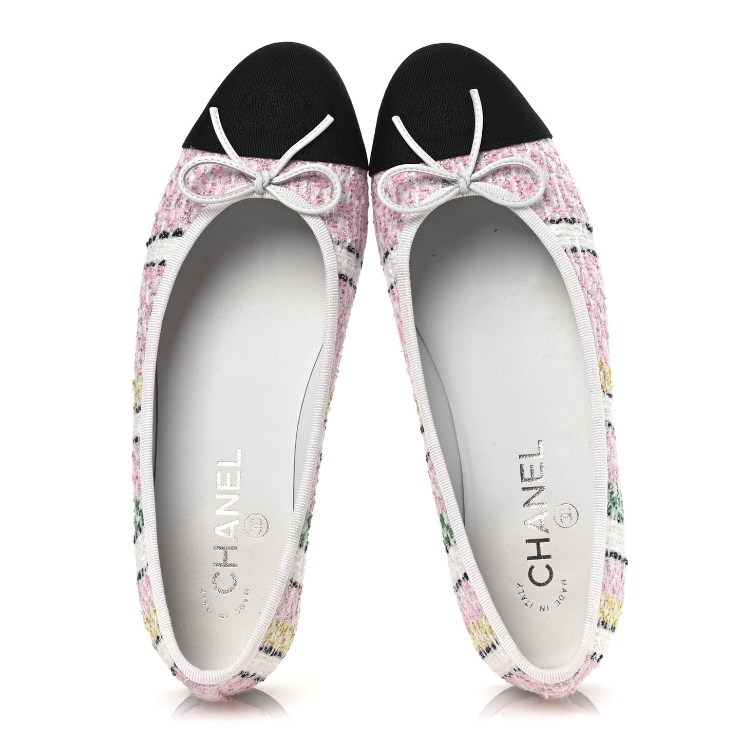 Tweed Grosgrain Cap Toe Ballerina Flats 38 White Pink Black