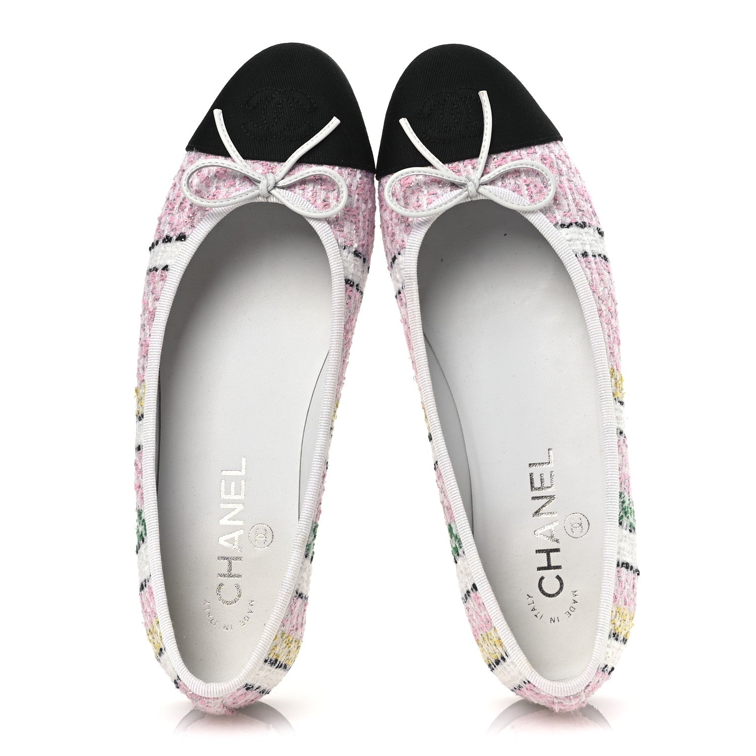 Chanel Tweed Grosgrain Cap Toe Ballerina Flats 38 White Pink Black 2 of 11