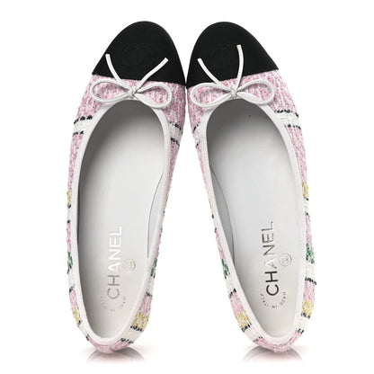 Chanel Tweed Grosgrain Cap Toe Ballerina Flats 38 White Pink Black 2 of 11