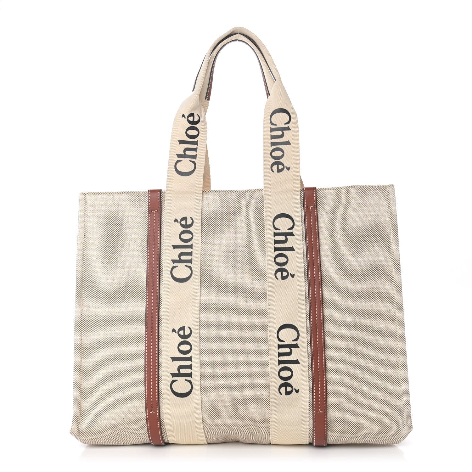 Chloe Cotton Calfskin Large Woody Ribbon Tote White Brown 1 of 9
