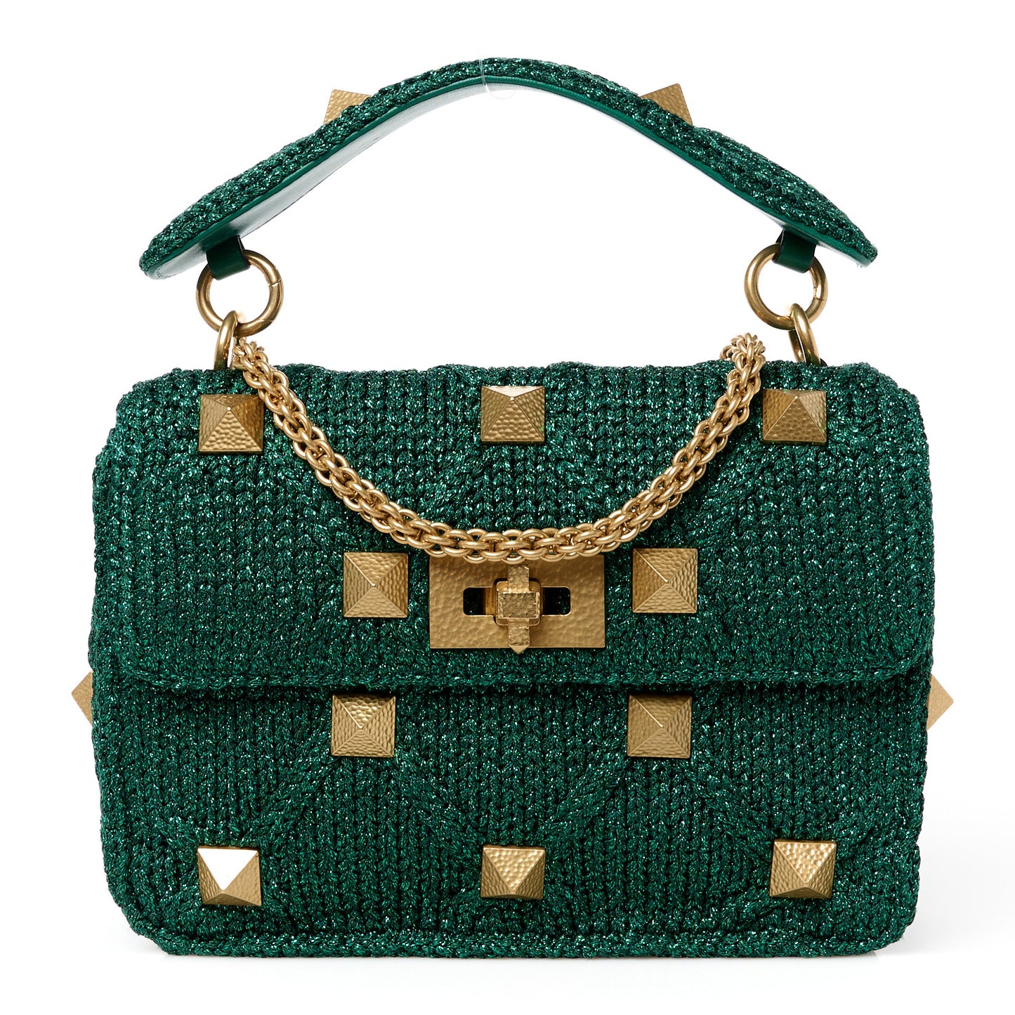 Metallic Woven Lurex Medium Roman Stud Shoulder Bag Jungle