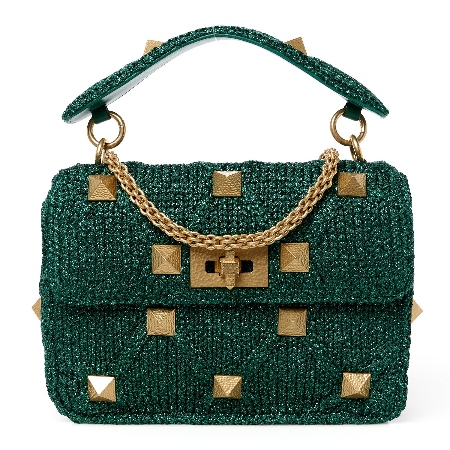 Valentino Garavani Metallic Woven Lurex Medium Roman Stud Shoulder Bag Jungle 1 of 10