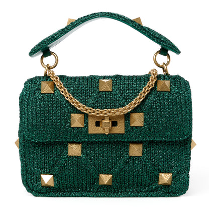 Valentino Garavani Metallic Woven Lurex Medium Roman Stud Shoulder Bag Jungle 1 of 10