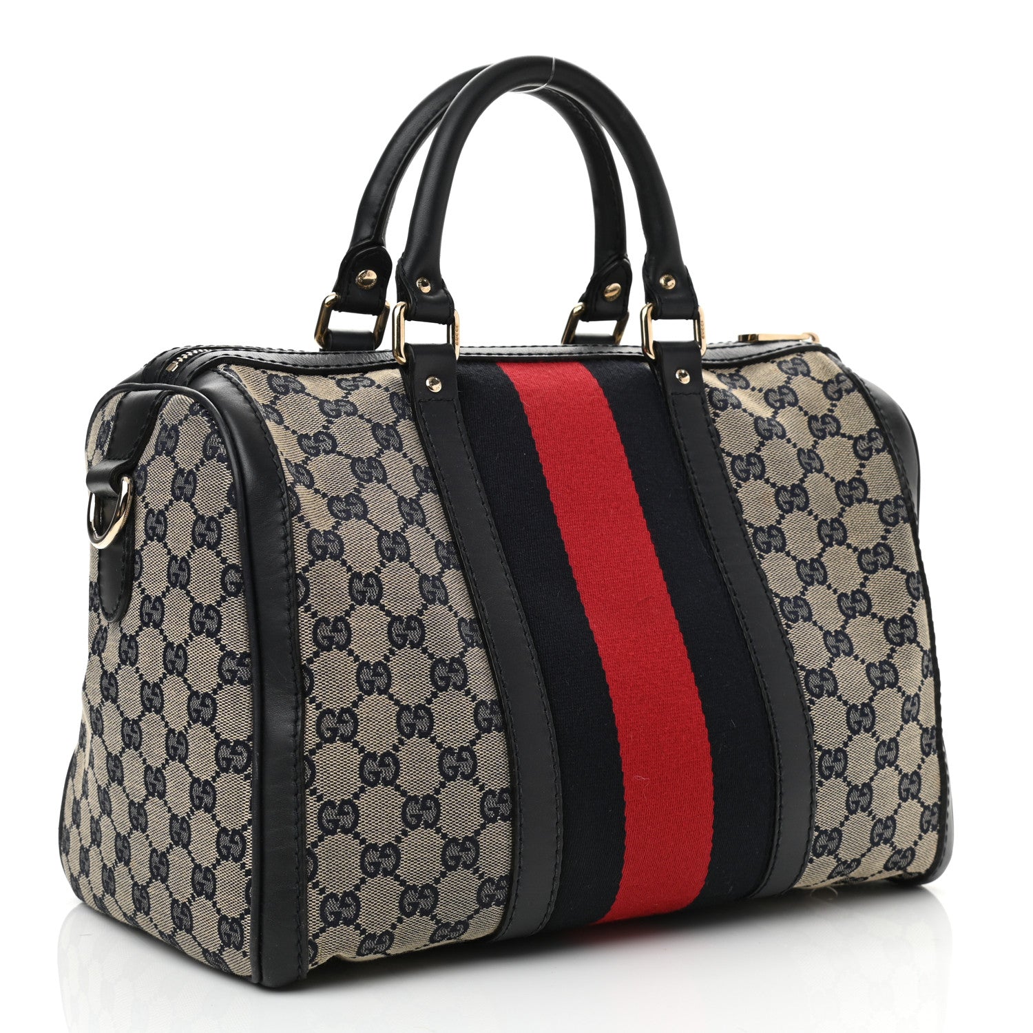 Gucci Monogram Selleria Calfskin Vintage Web Medium Boston Beige Blue 3 of 19