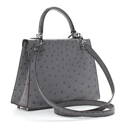 Hermes Ostrich Horseshoe Kelly Sellier 25 Gris Agate Bleu Nuit 3 of 13