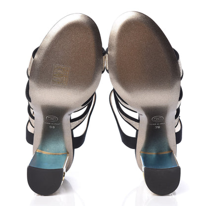 Chanel Sequin Grosgrain Logo Sandals 39 Black Gold 5 of 8