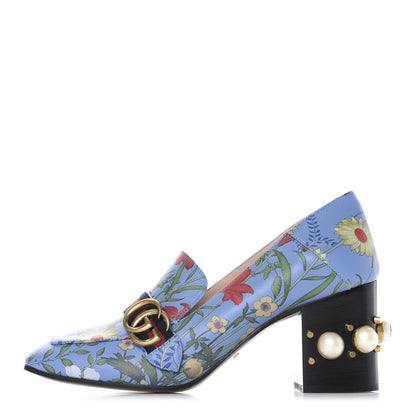 Gucci Apollo Calfskin Web Pearl New Flora Peyton 75mm Loafer Pumps 41 Azure 1 of 11