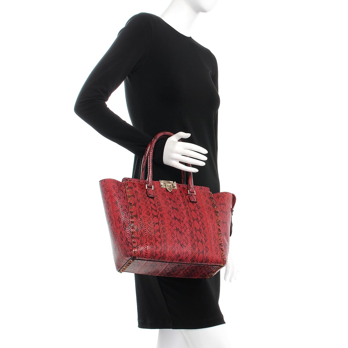 Snakeskin Rockstud Double Handle Tote Rouge