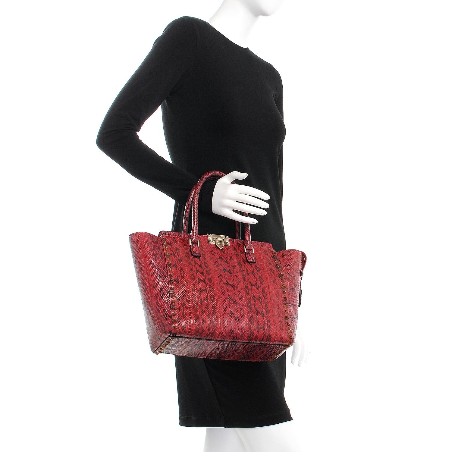Valentino Garavani Snakeskin Rockstud Double Handle Tote Rouge 3 of 8