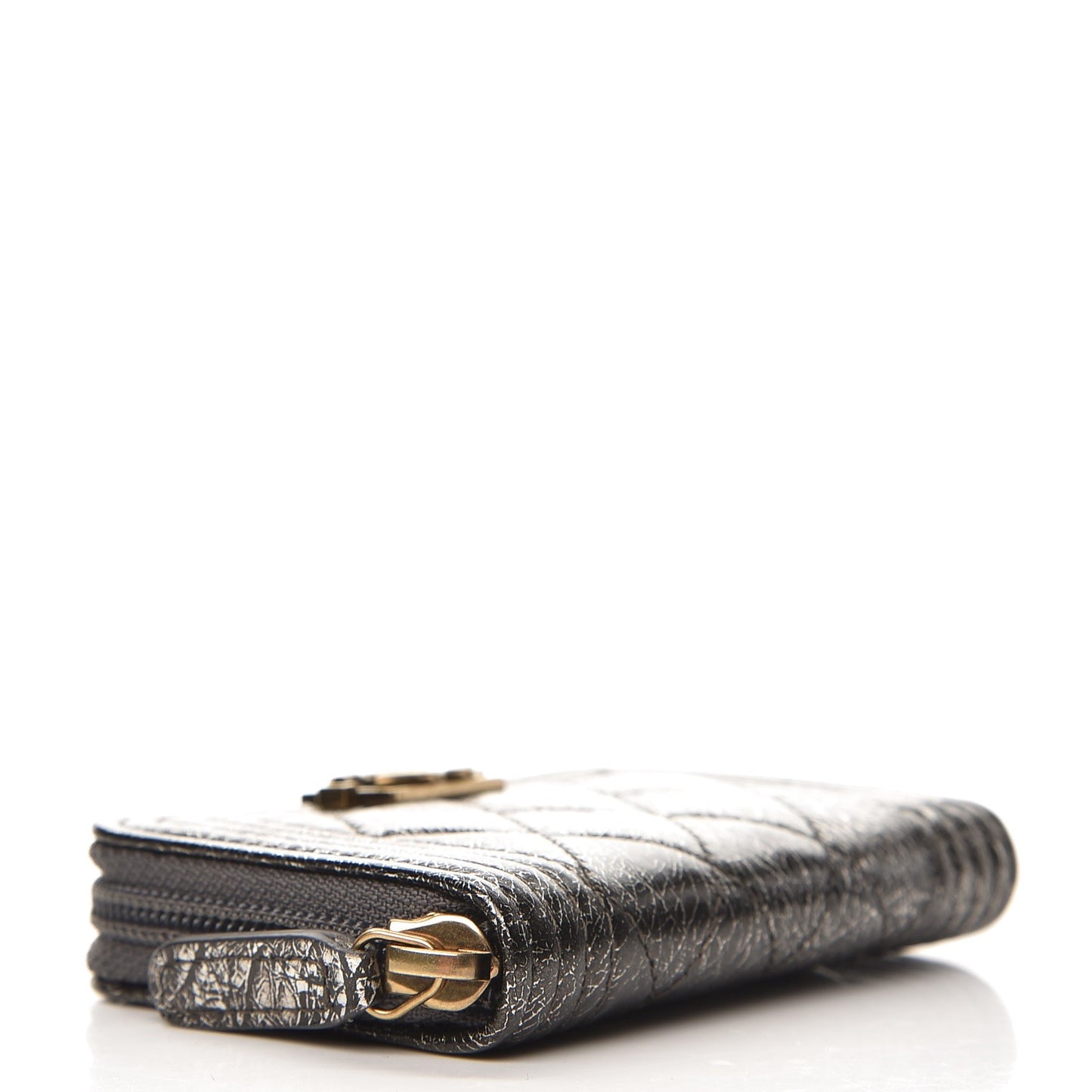 Cracked Metallic Calfskin Quilted Boy Zip Around Coin Purse Wallet Dark Silver