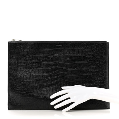 Saint Laurent Calfskin Crocodile Embossed Document Holder Black 2 of 7